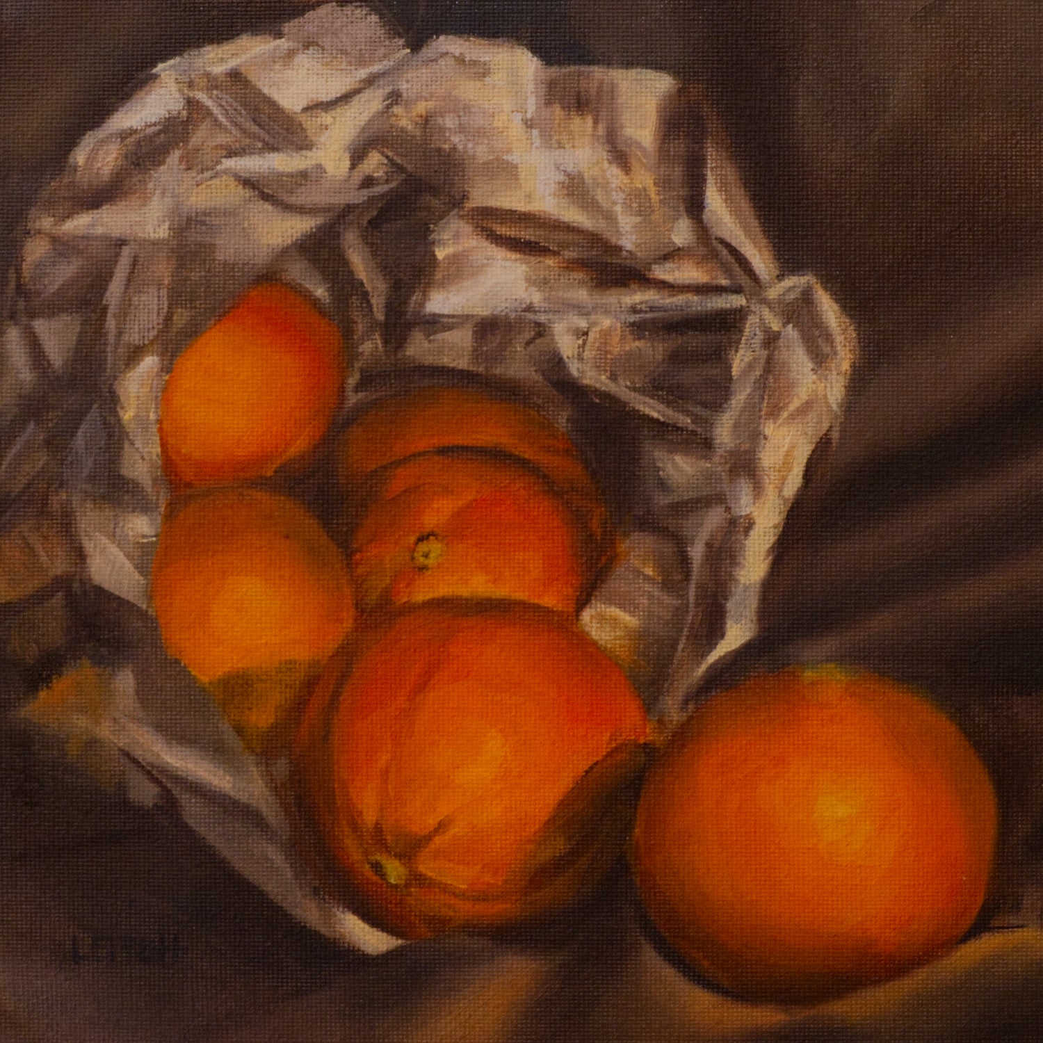 Oil painting of small modern silver jug surrounded by 5 whole lemons