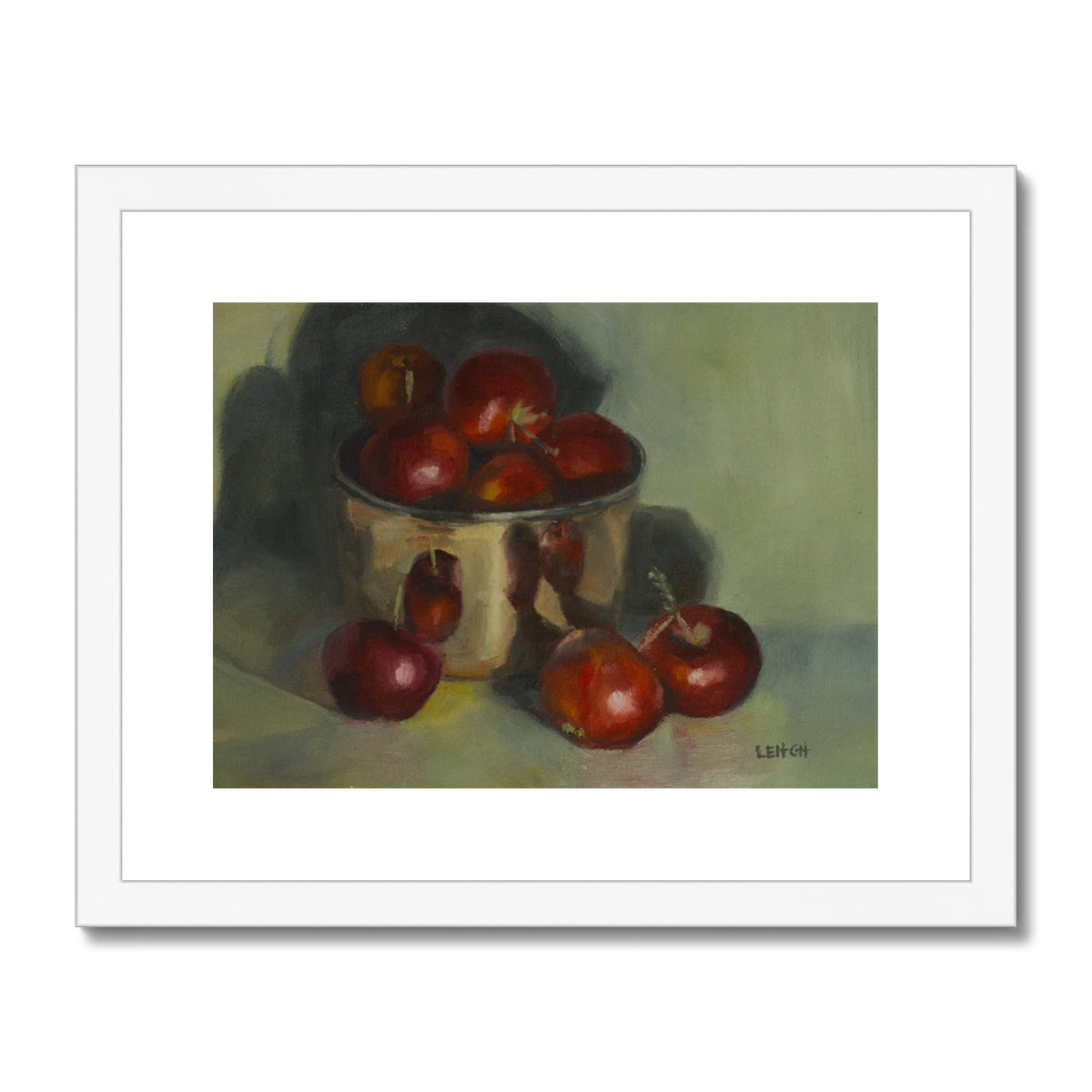 painting of crabapples and small copper bowl with white mat and white frame