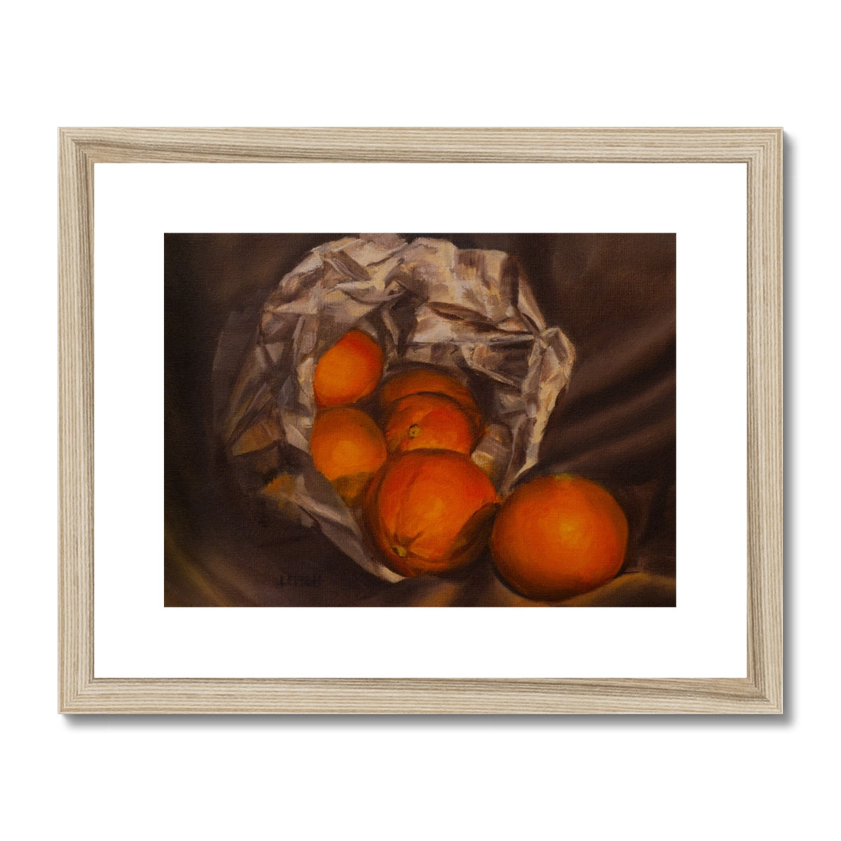 oil painting of oranges spilling out of a paper bag with a white mat and natural wood frame