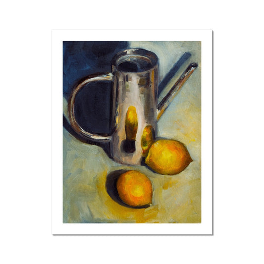 oil painting of two lemons reflecting against a small copper watering can