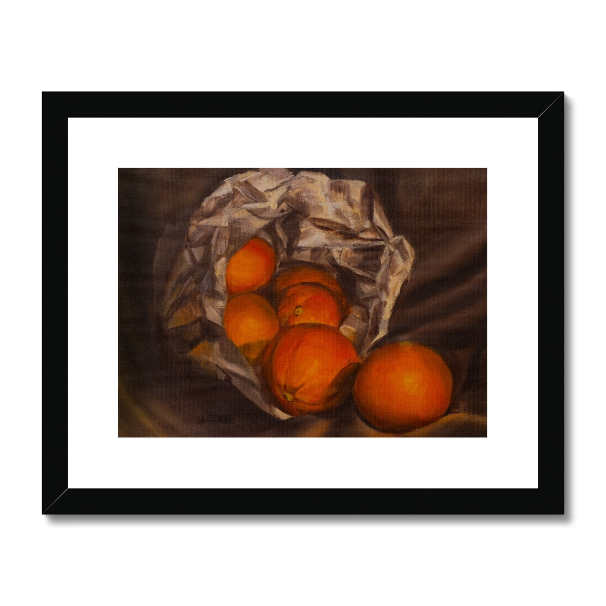 oil painting of oranges spilling out of a paper bag with white mat and black frame