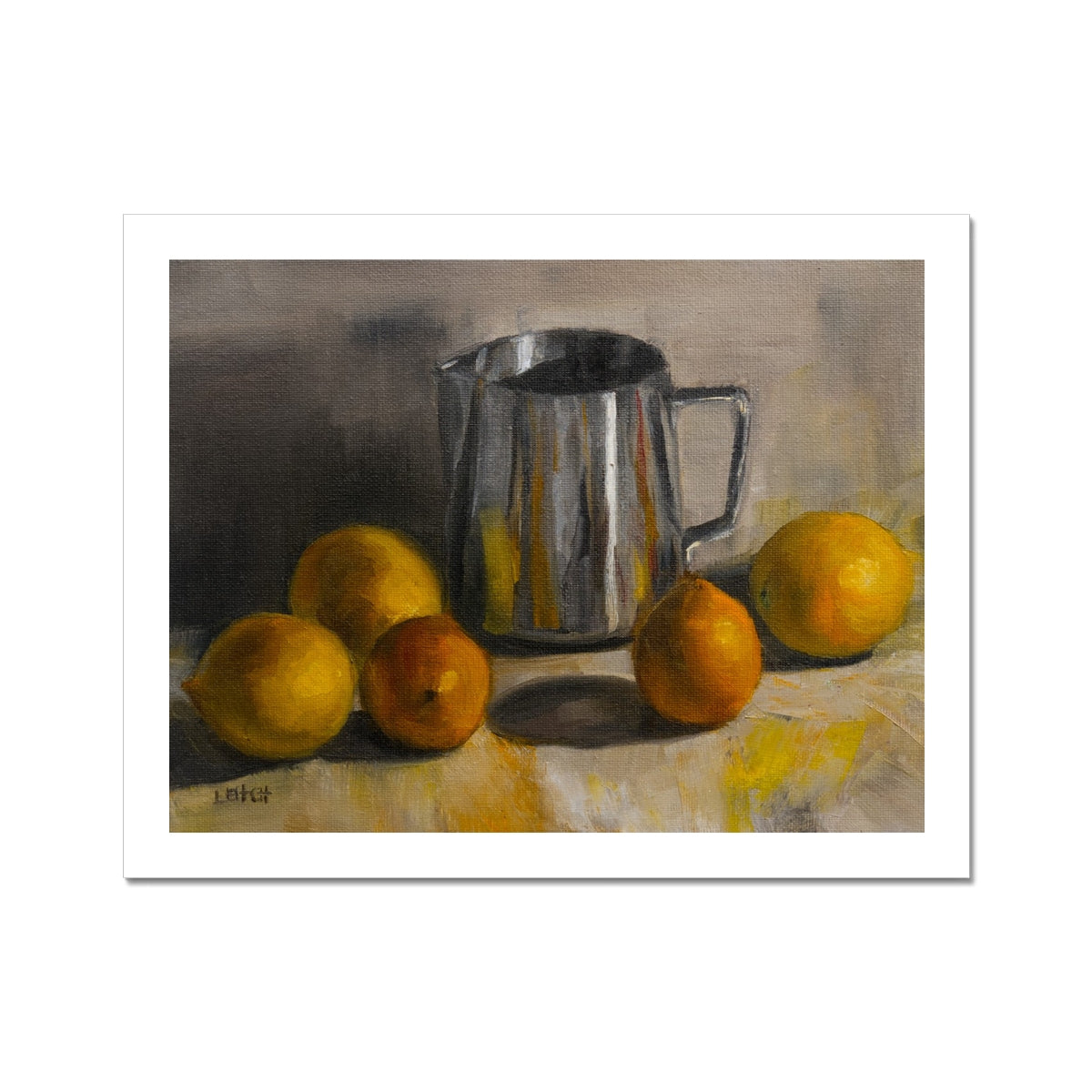 oil painting of a silver jug surrounded by 5 whole lemons