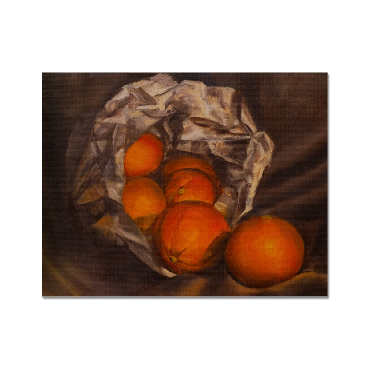 oil painting of oranges spilling out of a paper bag