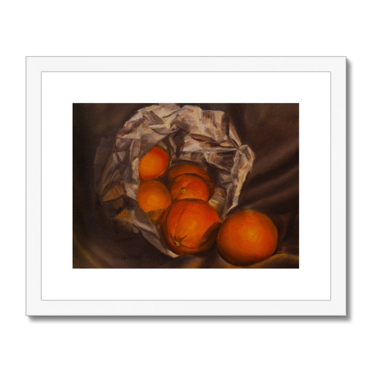 oil painting of oranges spilling out of a paper bag with white mat and white frame