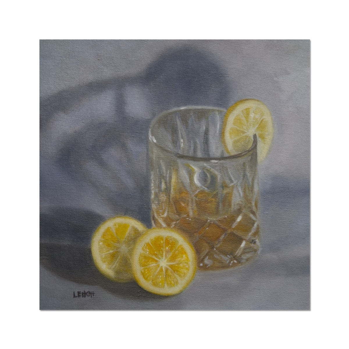 oil painting of a cut crystal glass with lemons and amber liquid refracting light