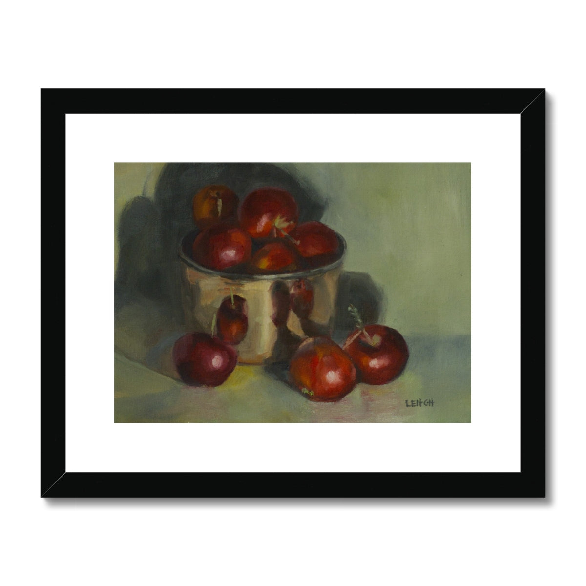 painting of crabapples and small copper bowl with white mat and black frame