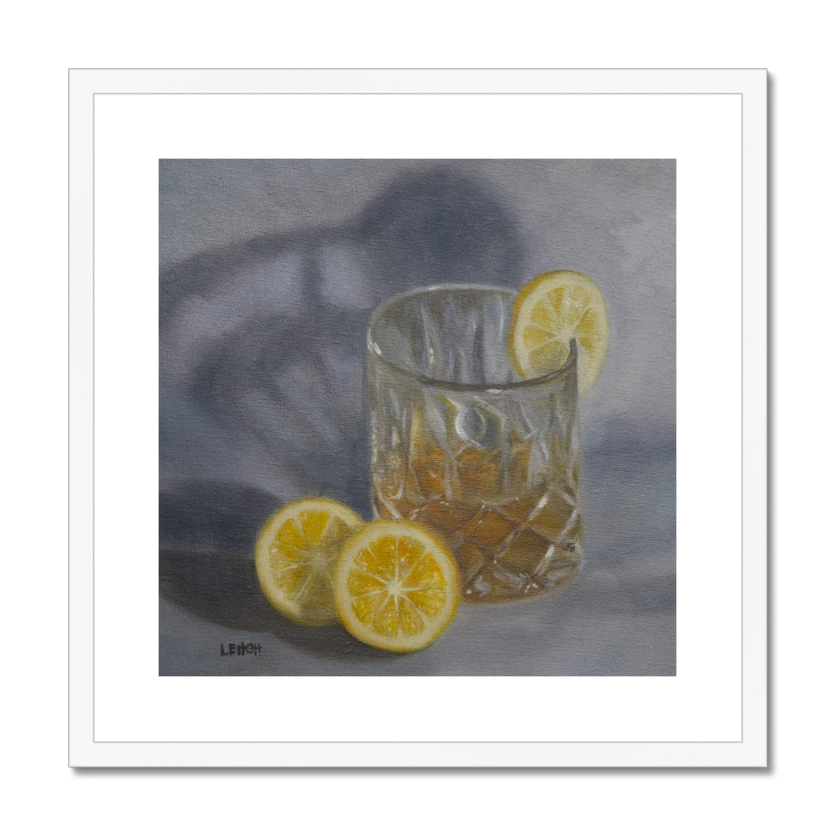 oil painting of a cut crystal glass with lemons and amber liquid refracting light