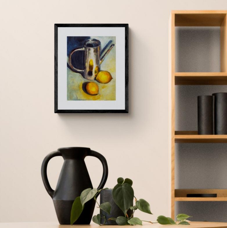 oil painting of two lemons reflecting against a small copper watering can