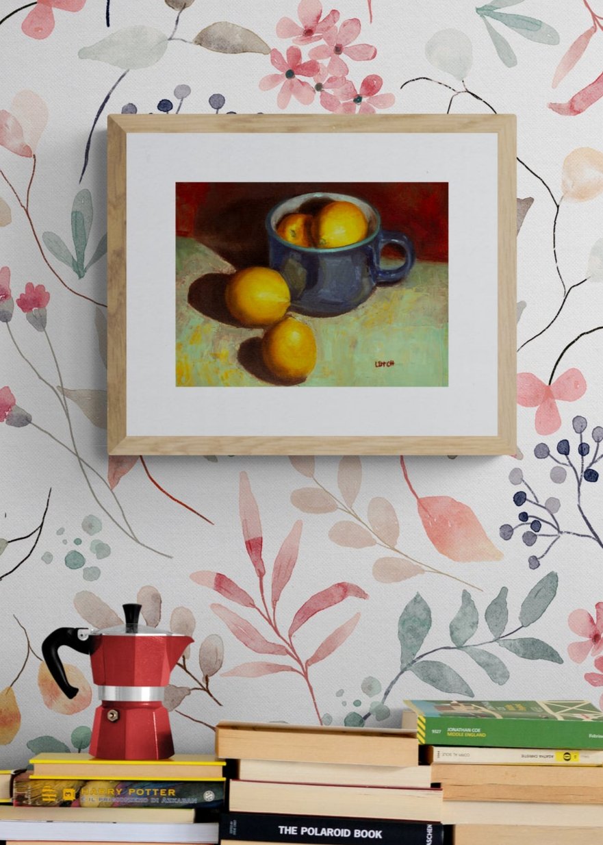 oil painting of lemons and blue tea-cup 