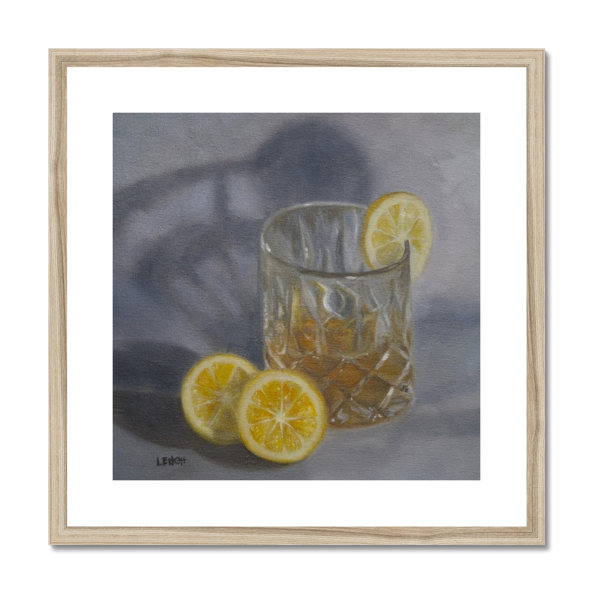 oil painting of a cut crystal glass with lemons and amber liquid refracting light