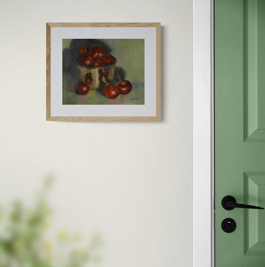 painting of crabapples and small copper bowl on white wall beside a door