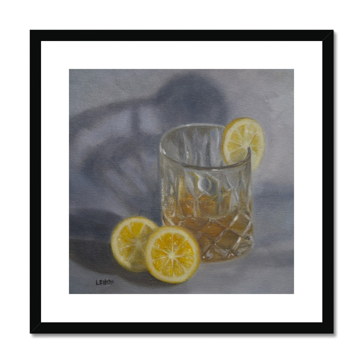 oil painting of a cut crystal glass with lemons and amber liquid refracting light