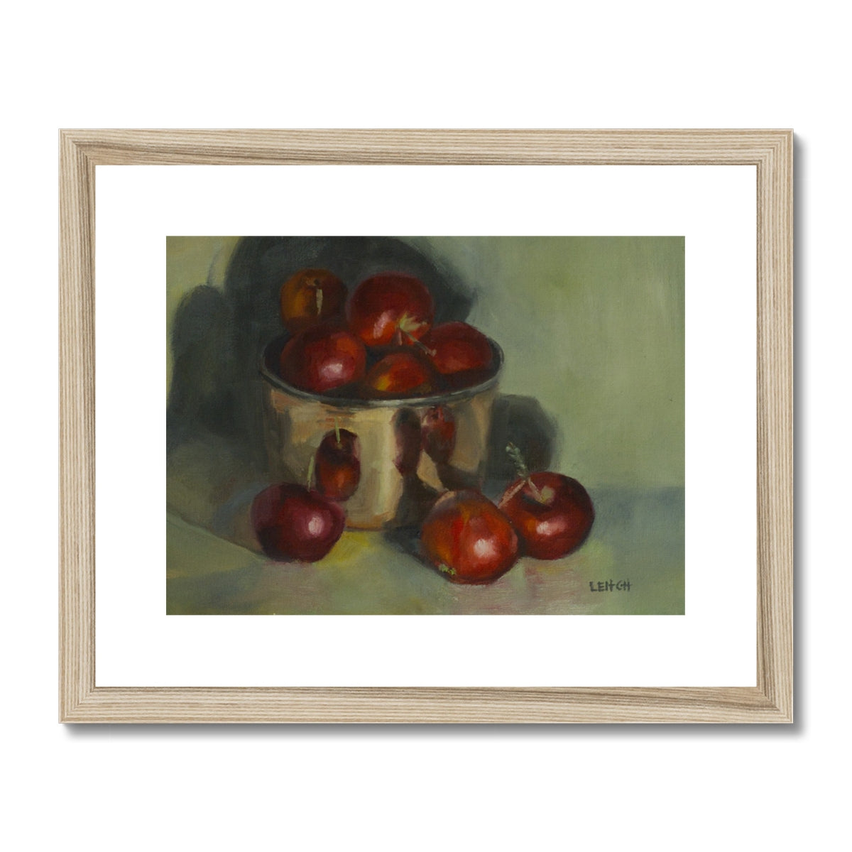 painting of crabapples and small copper bowl with white mat and natural wood frame