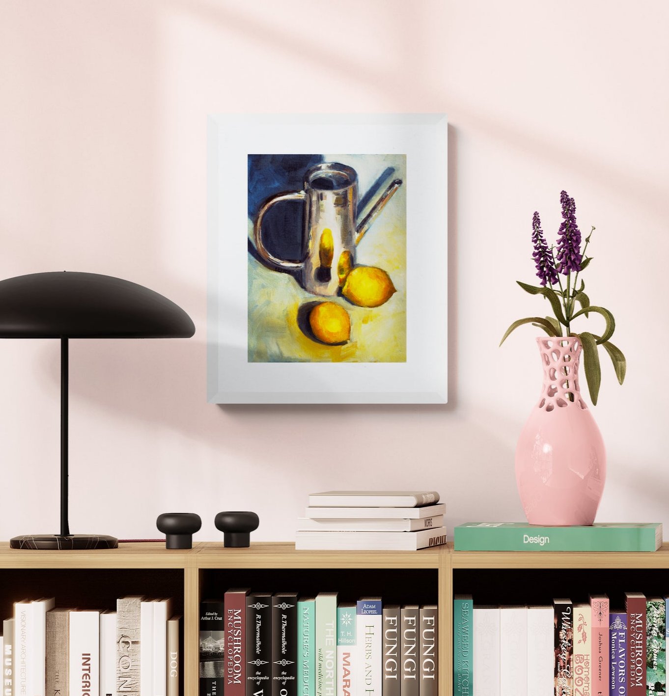 oil painting of two lemons reflecting against a small copper watering can 