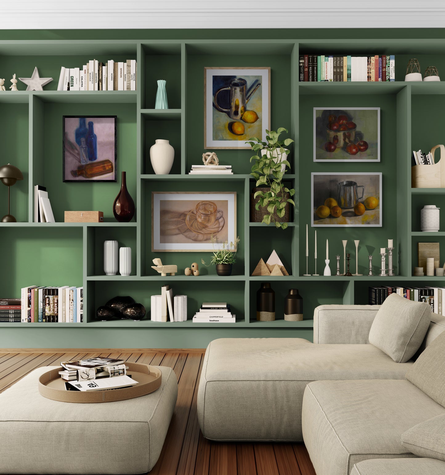 living room with artwork, books, and plants arranged comfortably in wall shelves