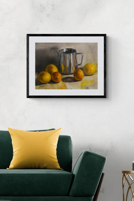 oil painting of a silver jug surrounded by 5 whole lemons