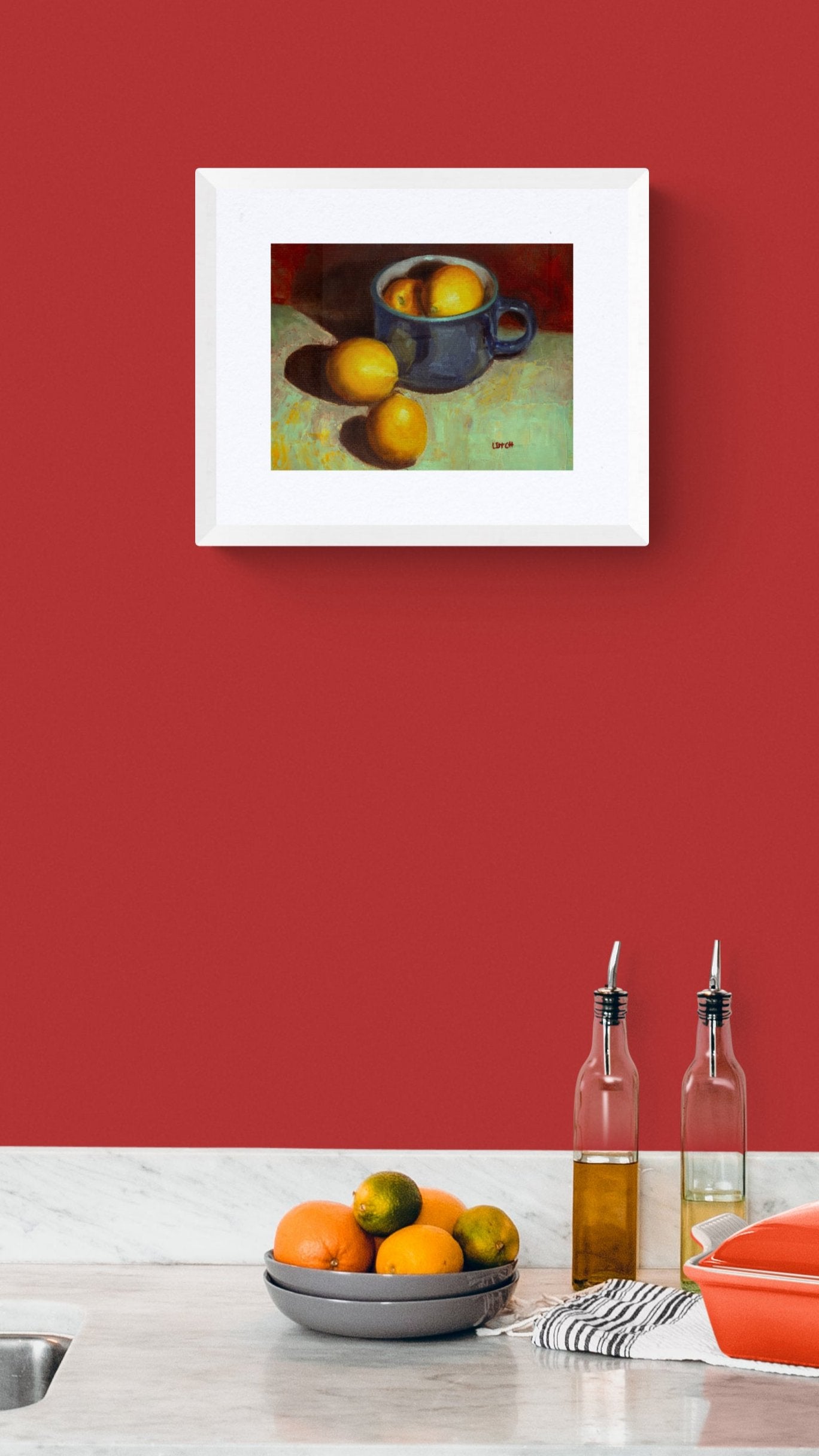 oil painting of lemons and blue tea-cup against a red wall