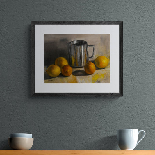 oil painting of 5 lemons and a small silver jug