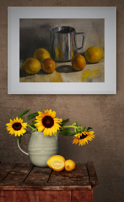 oil painting of a silver jug surrounded by 5 whole lemons